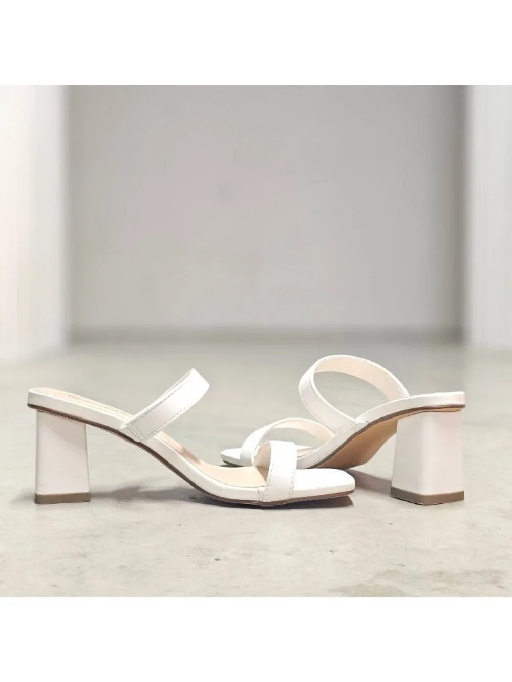 White Faux Leather Block Heel Sandals With Double Straps & Square Toe For Women - Picture 14 of 15